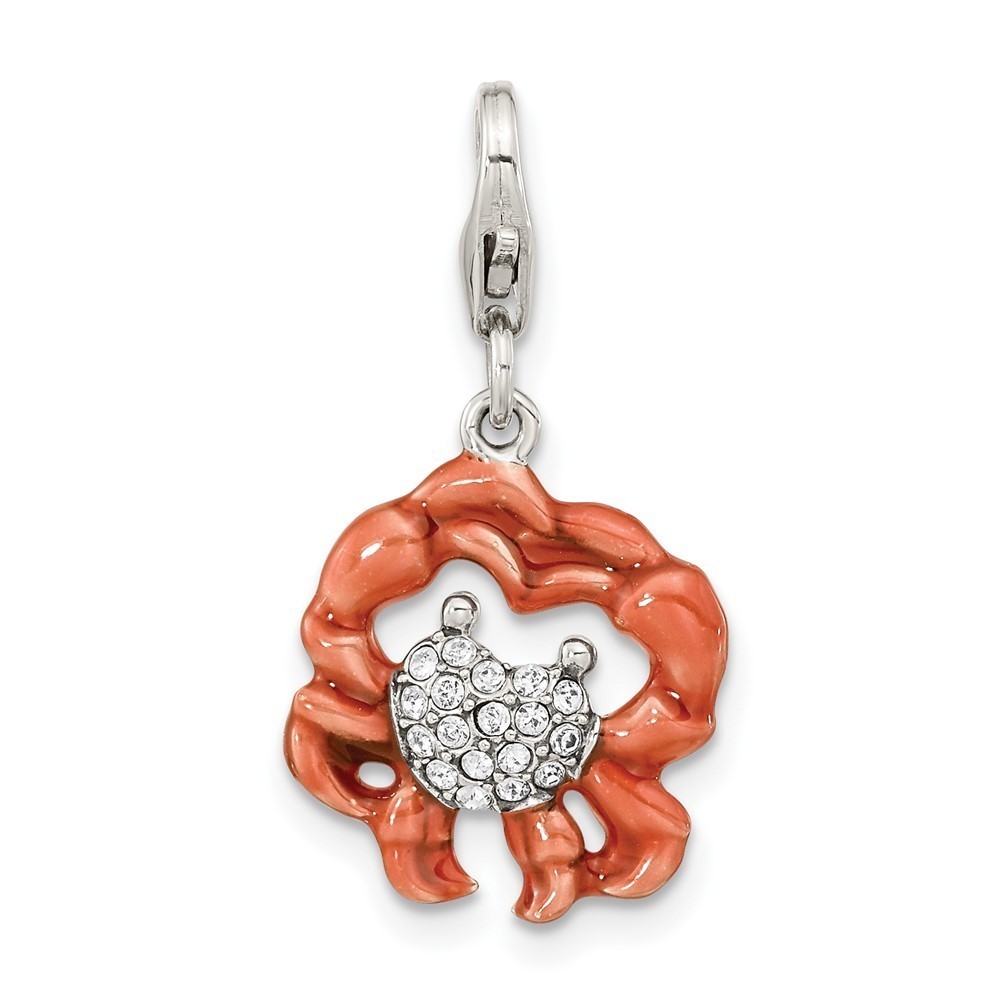 925 Silver Antiqued Enameled Crystals Crystal Heart Crab Bracelet Charm w Clasp